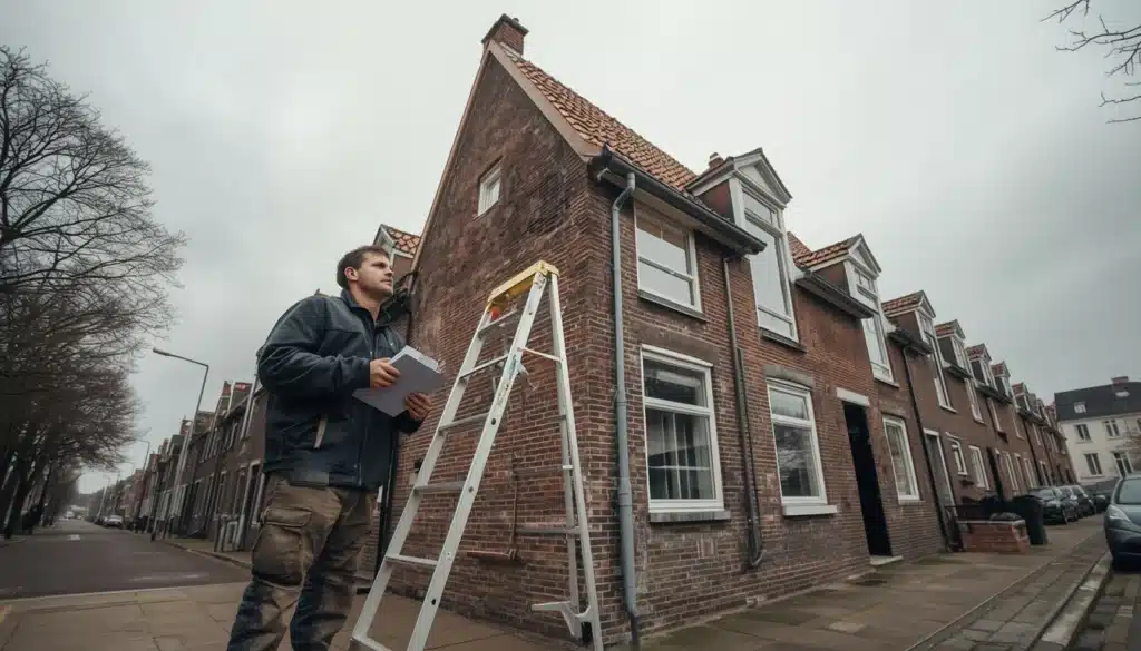 Dakdekker inspecteert pannendak van Nederlandse woning bij bewolkt daglicht