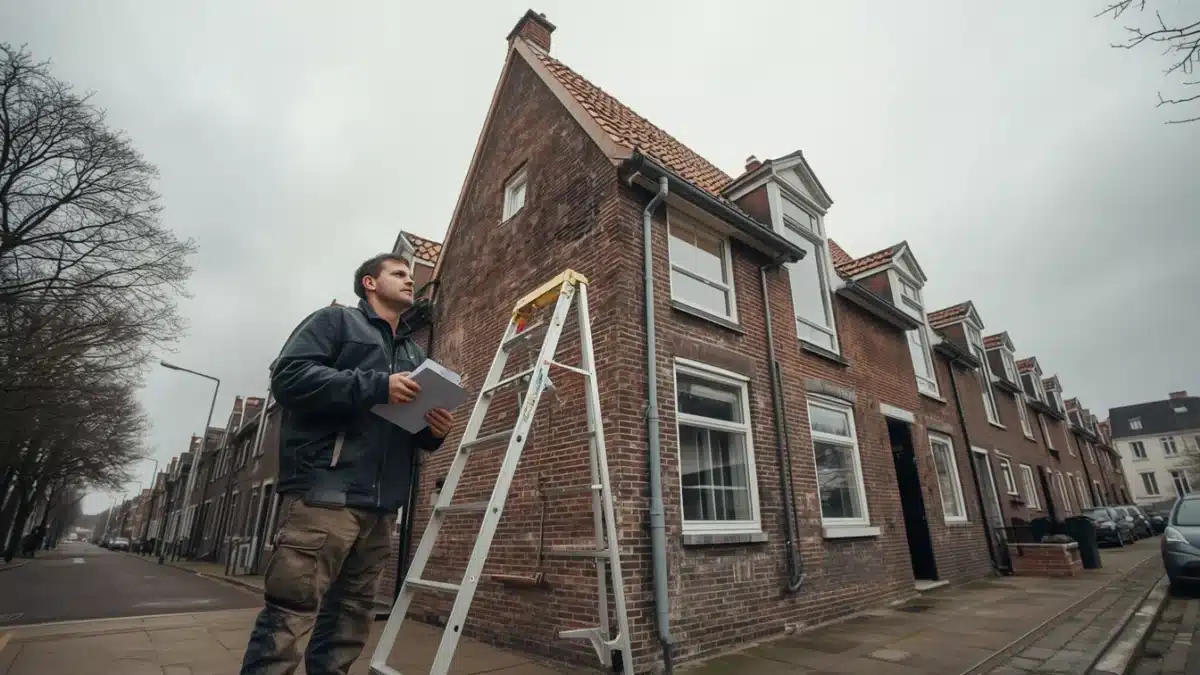 Dakdekker inspecteert pannendak van Nederlandse woning bij bewolkt daglicht