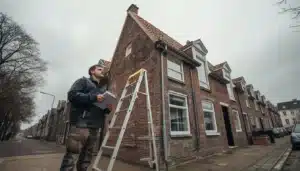 Dakdekker inspecteert pannendak van Nederlandse woning bij bewolkt daglicht
