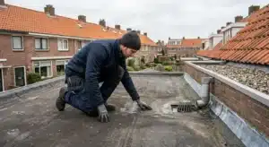 Monteur inspecteert afvoerputje op plat dak met gootafvoer en grindlaag