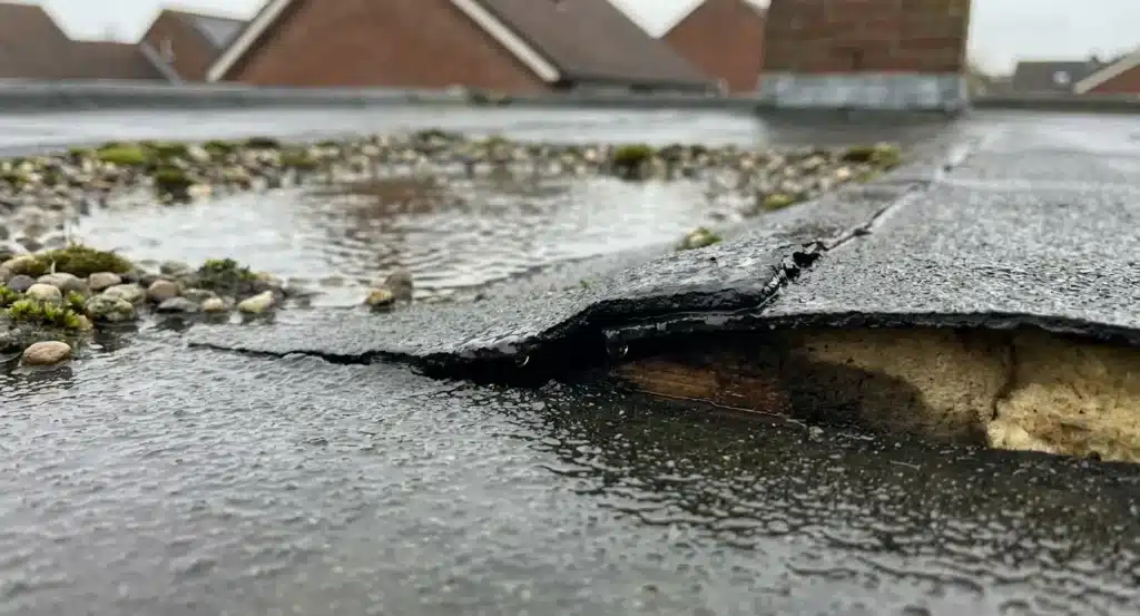 Plat dak met water dat zich ophoopt en beschadigde bitumennaad die scheurt en loslaat.