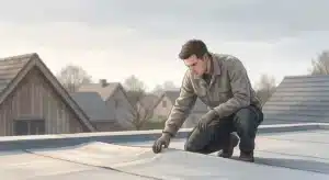 Dakdekker inspecteert plat dak van woonhuis om waterdichtheid te beoordelen