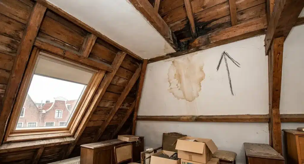 Watervlek op zolderplafond met pijl omhoog aangevend dat water van bovenaf naar beneden stroomt langs constructie.