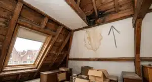 Watervlek op zolderplafond met pijl omhoog aangevend dat water van bovenaf naar beneden stroomt langs constructie.