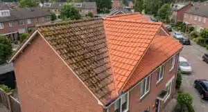 Dakpannen dak met links mos en algengroei, rechts schoon en oranje gecoat, toont het verschil van dakpannencoating.