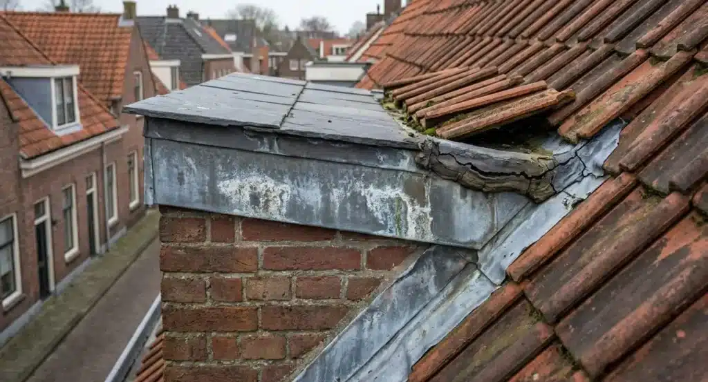 Dakkapel met verouderd zinkwerk en beschadigd kitwerk aan de aansluitpunten, zichtbare scheuren en oxidatie.