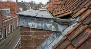 Dakkapel met verouderd zinkwerk en beschadigd kitwerk aan de aansluitpunten, zichtbare scheuren en oxidatie.