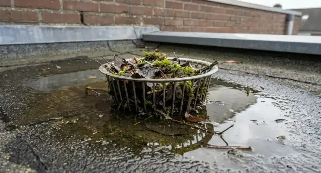 Verstopte dakafvoerput vol met bladeren, takken en mos, omgeven door stilstaand water op het platte dak.