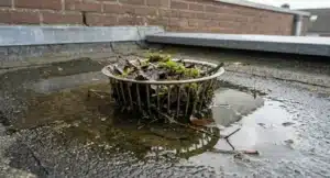Verstopte dakafvoerput vol met bladeren, takken en mos, omgeven door stilstaand water op het platte dak.