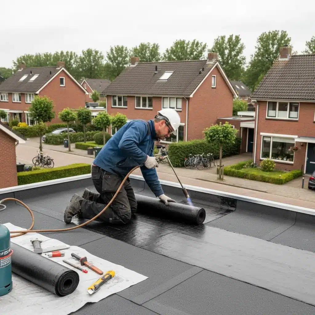 dakdekker brengt waterdichte bitumen dakbedekking aan op plat dak