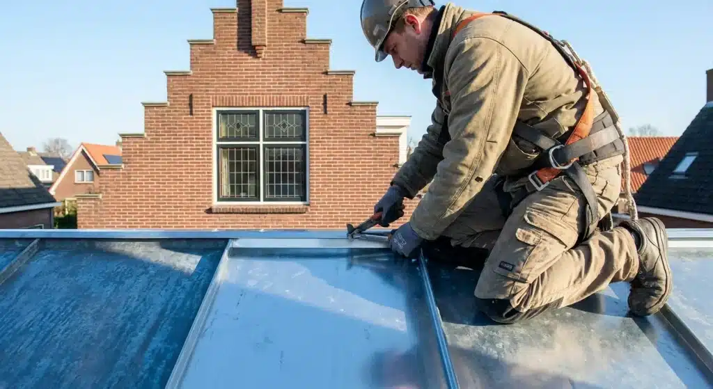 Vakman bevestigt zinkplaten op een dak met gereedschap, zichtbaar is de blauwe zinkbekleding en een bakstenen gebouw op de