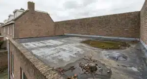 Verwaarloosd bitumen plat dak met UV-schade, stangende water en bladeren, omgeven door bakstenen muren.