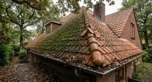 Dak met groene mosgroei, verschoven tegels, verstopte goot vol bladafval en overhangende boomtakken boven het huis.