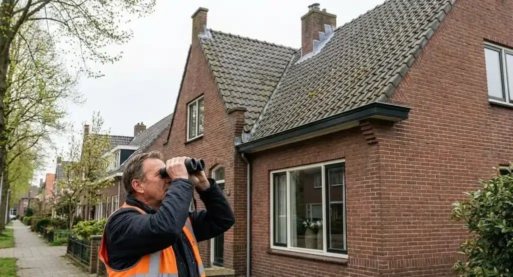 Inspecteur in oranje hesje inspecteert dak van bakstenen woning met verrekijker vanaf grondniveau.
