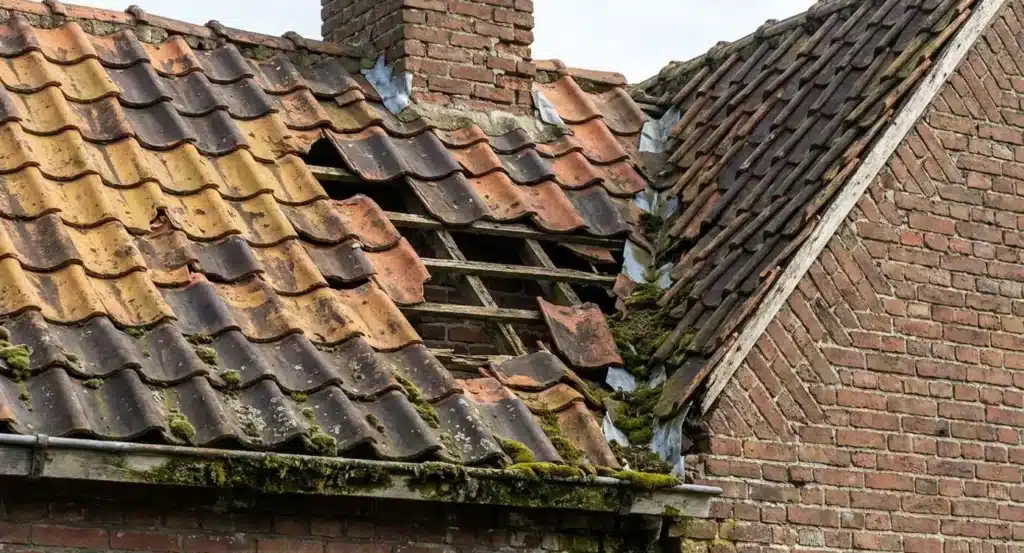# Alt-tekst voor dakafbeelding Beschadigd Nederlands dak met gebroken en verschoven rode dakpannen, gaten in het
