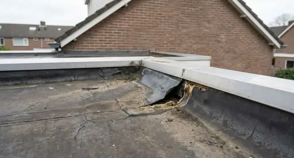 Beschadigde dakrand met losgelaten afwerking, scheuren in het dakvlak en blootgestelde onderlaag waar water kan