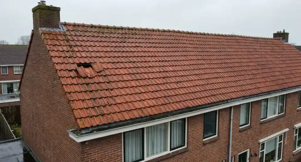 Nederlands huis met rode dakpannen waarvan enkele pannen ontbreken en beschadigd zijn, wat lokale dakschade zichtbaar maakt.