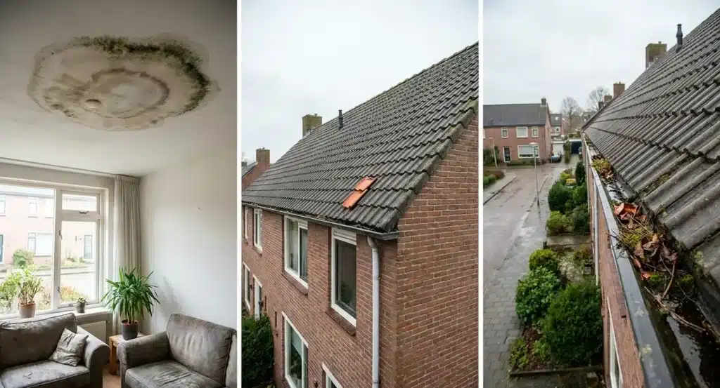 Vochtplek met schimmel op plafond en dakdetails met beschadigde tegels en vervuilde goot die daklekkage veroorzaken.