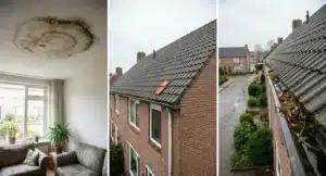 Vochtplek met schimmel op plafond en dakdetails met beschadigde tegels en vervuilde goot die daklekkage veroorzaken.