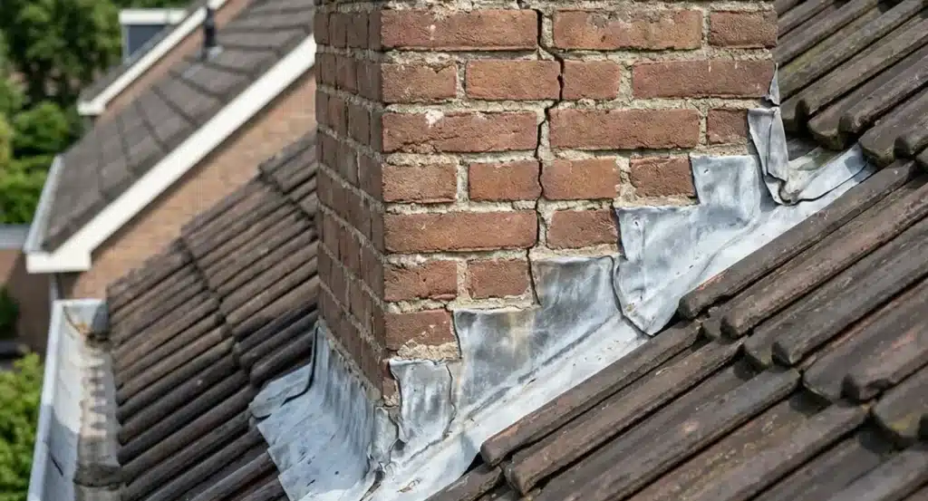 Bakstenen schoorsteen met zichtbare scheuren in de voegen en verouderde loden flashing op het dak.