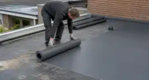 Dakdekker rolt zwarte EPDM-folie uit op een plat dak tijdens de installatie van waterdichte dakbedekking.