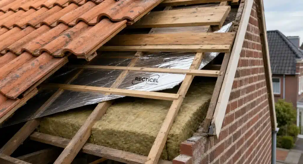 Dakconstructie met zichtbare lagen: rode dakpannen, houten spanten, isolatiefolie en minerale wol isolatie.