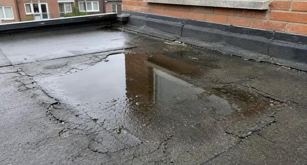 Bitumen plat dak met standswater en scheuren in het oppervlak, typische tekenen van daklekkage en materiaalveroudering.
