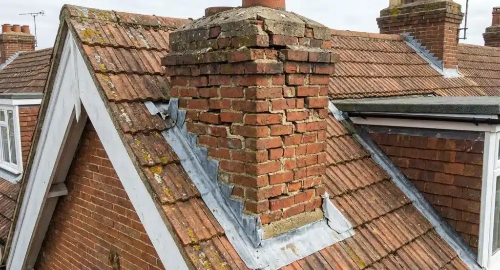Verweerde bakstenen schoorsteen op pannendak met zichtbare schade, los voegwerk en beschadigde loodafwerking rond de basis.