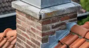 Beschadigde schoorsteen met zichtbare scheur in de betonnen kap en loslatende voegen in de bakstenen muur.