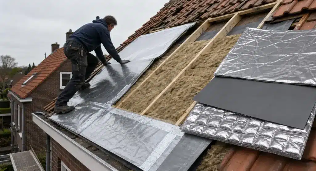 Werker brengt isolatiefolie aan op een dak met zichtbare lagen isolatiemateriaal en verschillende soorten dampremmende