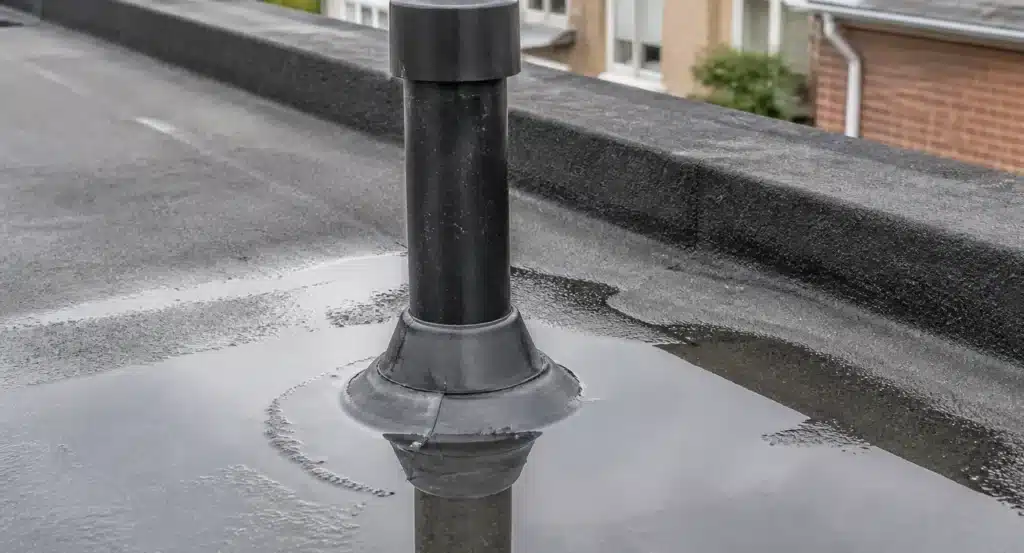 Zwarte buis met afdichtingskraag op bitumen plat dak, omgeven door water dat aangeeft dat de afdichting niet goed