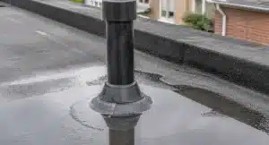 Zwarte buis met afdichtingskraag op bitumen plat dak, omgeven door water dat aangeeft dat de afdichting niet goed