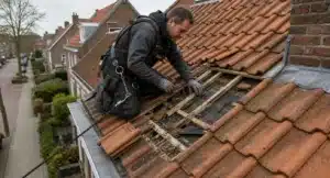 Dakdekker inspecteert geopende dakgedeelte met beschadigde dakpannen en onderliggende constructie tijdens