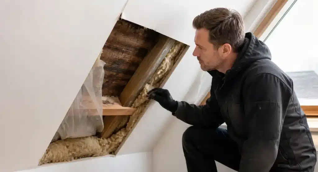 Vakman inspecteert vochtschade achter dakisolatie met zichtbare schimmelvorming op hout en isolatiemateriaal.