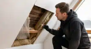 Vakman inspecteert vochtschade achter dakisolatie met zichtbare schimmelvorming op hout en isolatiemateriaal.