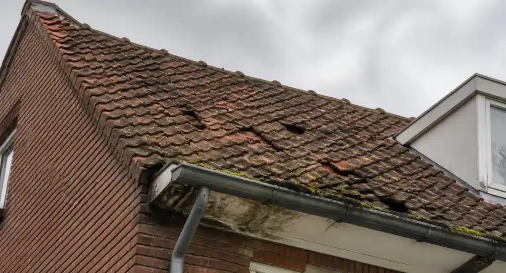 Pannendak met zichtbare schade: losliggende tegels, mossen en algengroei, en verkleurde pannen die vervangingsbehoefte