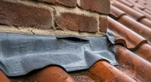 Loodwerk aansluitend op schoorsteen en dakpannen, waar vochtproblemen kunnen ontstaan door gebreken in de voeg.