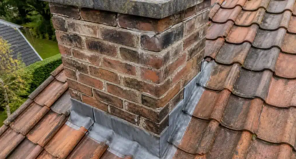 Bakstenen schoorsteen op pannendak met loodafwerking, gedeeltelijk vervuild maar structureel intact.