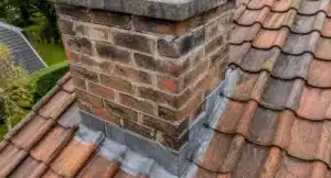 Bakstenen schoorsteen op pannendak met loodafwerking, gedeeltelijk vervuild maar structureel intact.