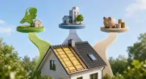 Huis met dakisolatie en drie routes naar financiering: groene kaart voor subsidie, huizen voor gemeentelijke steun en