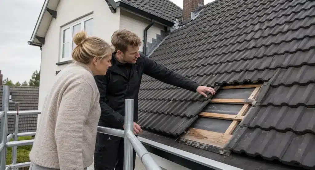 Dakdekker toont een beschadigd dak aan een huiseigenaar op een steiger.