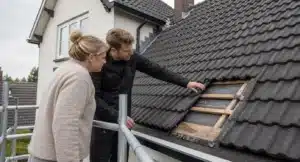 Dakdekker toont een beschadigd dak aan een huiseigenaar op een steiger.