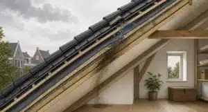 Dwarsdoorsnede van een schuin dak met water dat door de dakbedekking lekt.
