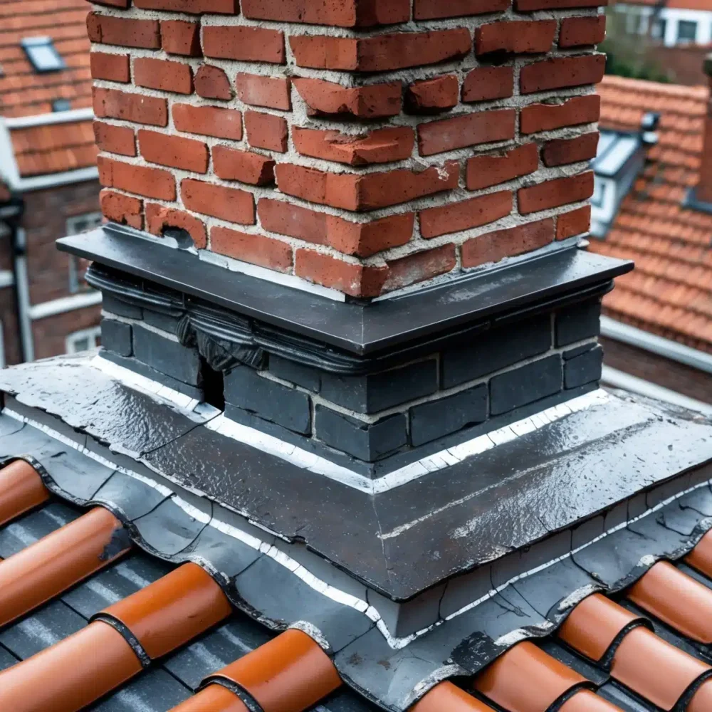 Gerenoveerde bakstenen schoorsteen met nieuwe loodslabben en schoorsteenkap op een Nederlands pannendak.